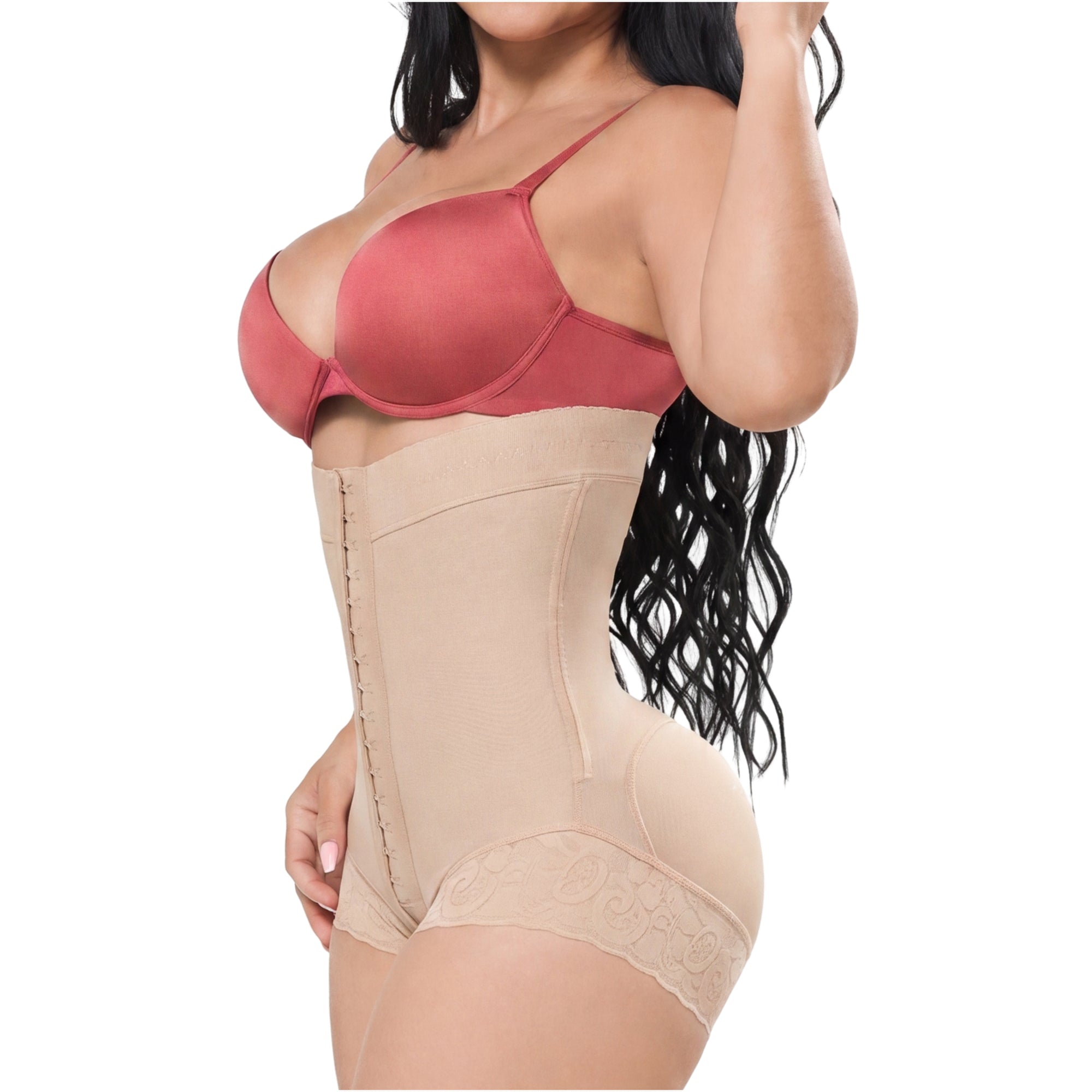 Fajas Salome 412 beige open-bust panty faja with hook closure, daily Colombian shapewear waist cincher side view