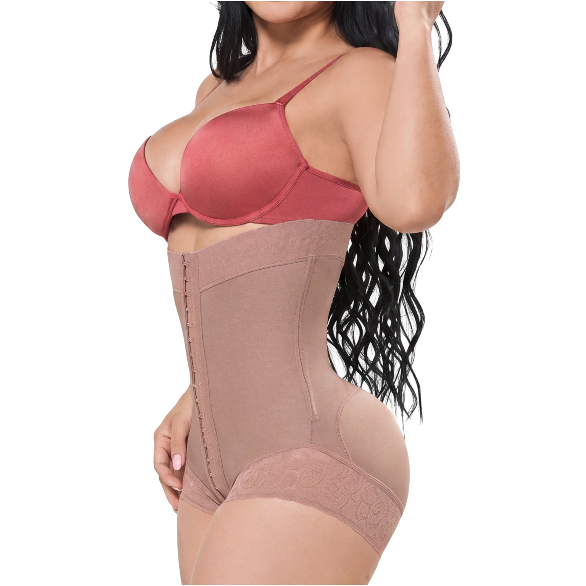 Fajas Salome 412 mocha open-bust panty faja with hook closure, daily Colombian shapewear body shaper side view