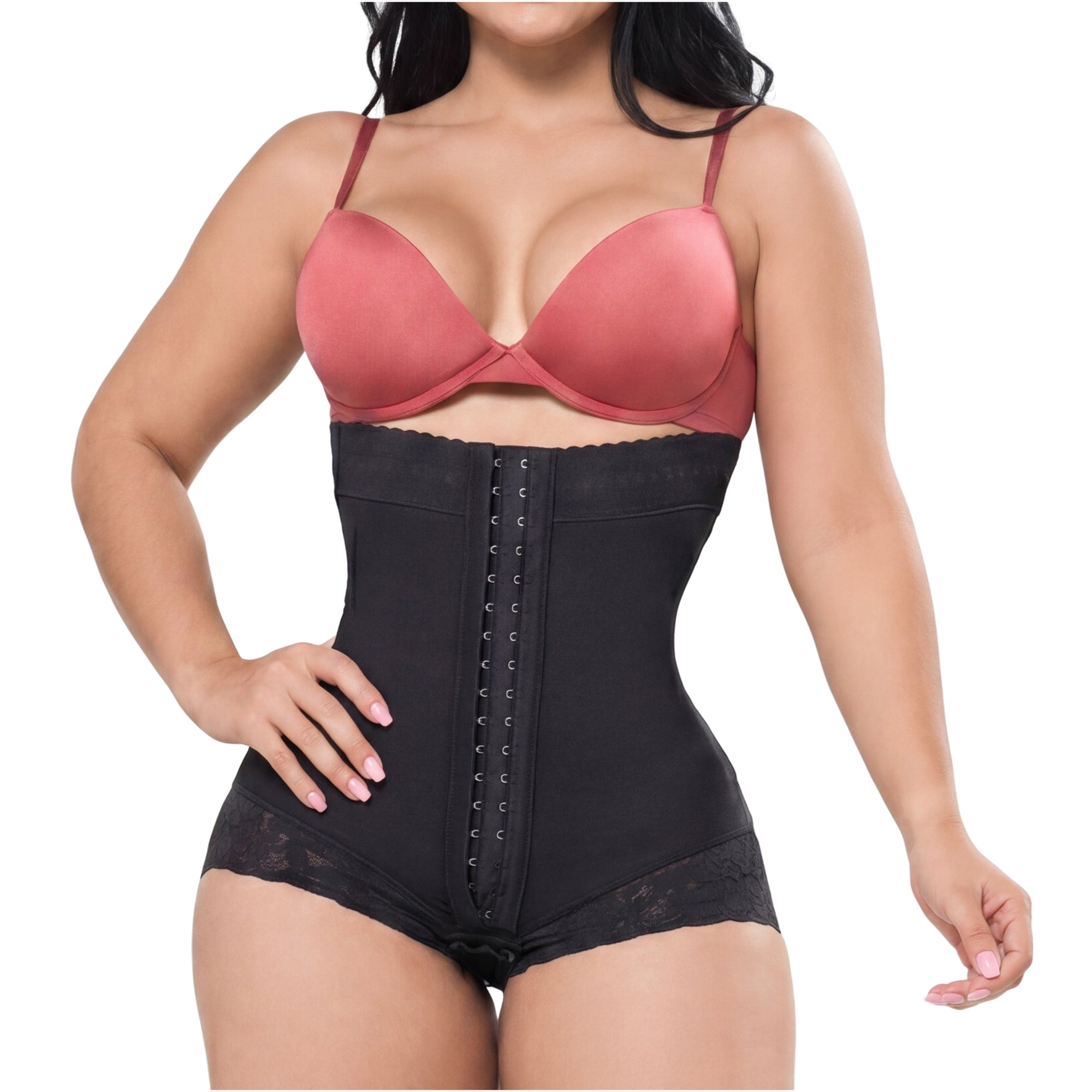 Fajas Salome 412 black open-bust panty faja with hook closure, daily Colombian shapewear waist cincher front view