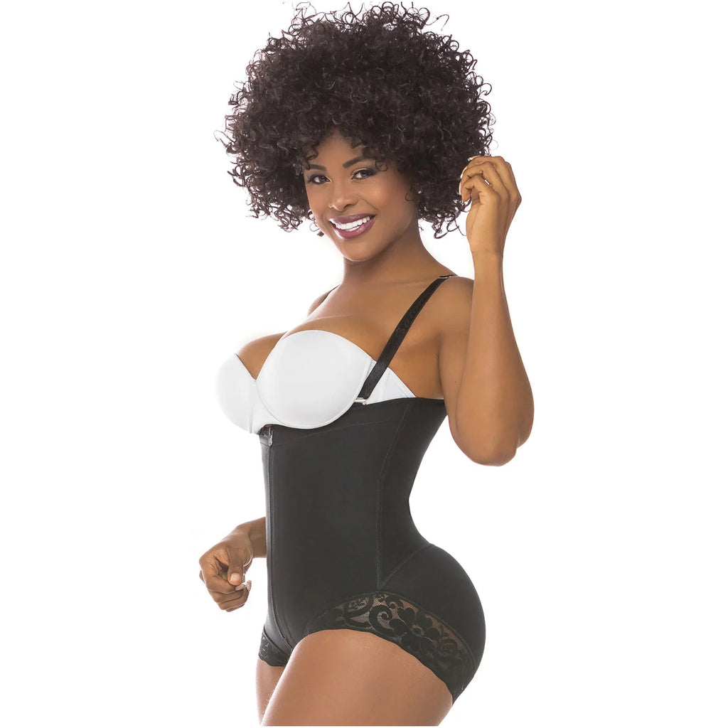 Fajas Salome 412 black open-bust panty body shaper with lace trim, daily Colombian shapewear for women side view