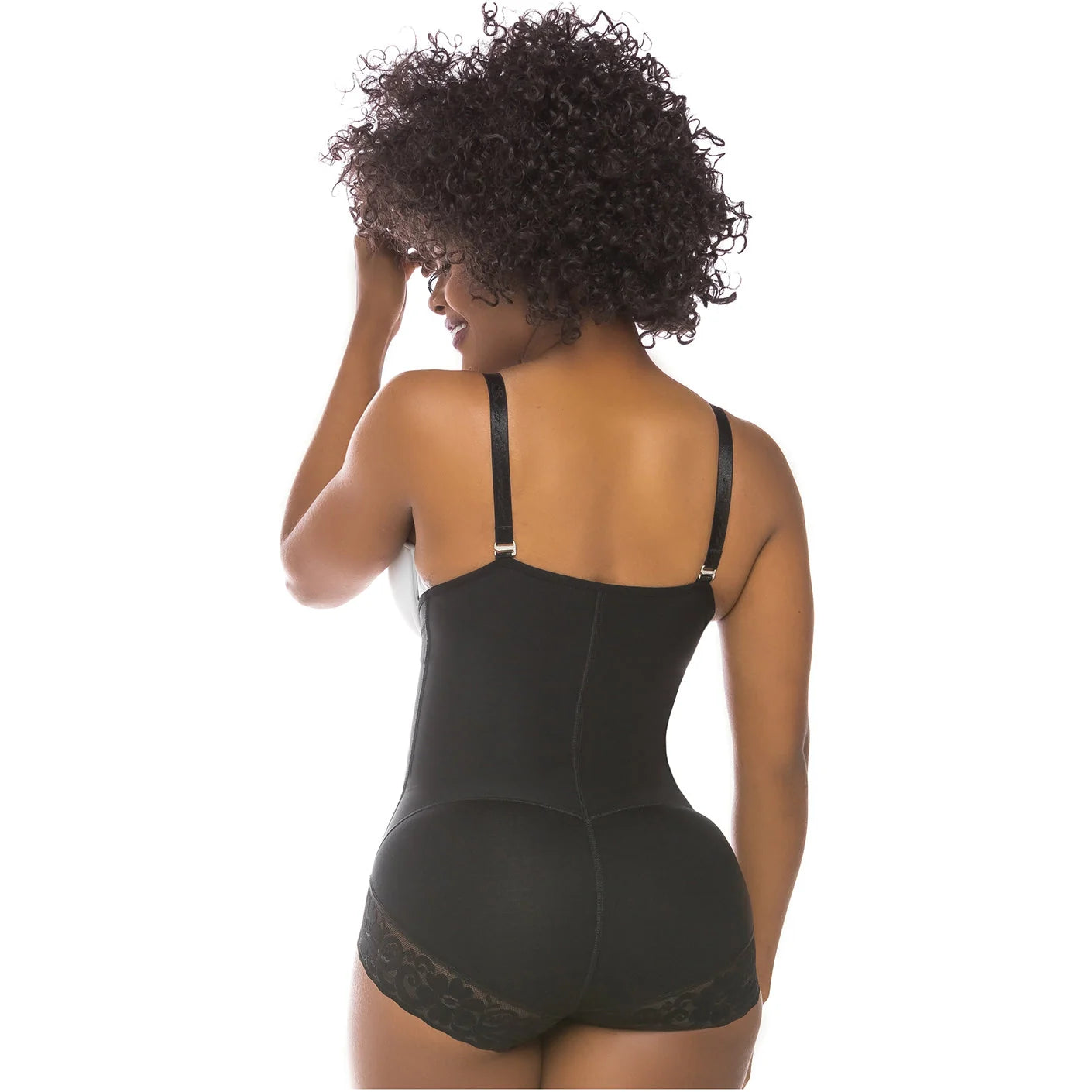 Fajas Salome 412 black open-bust panty body shaper with lace trim, Colombian shapewear for daily use back view