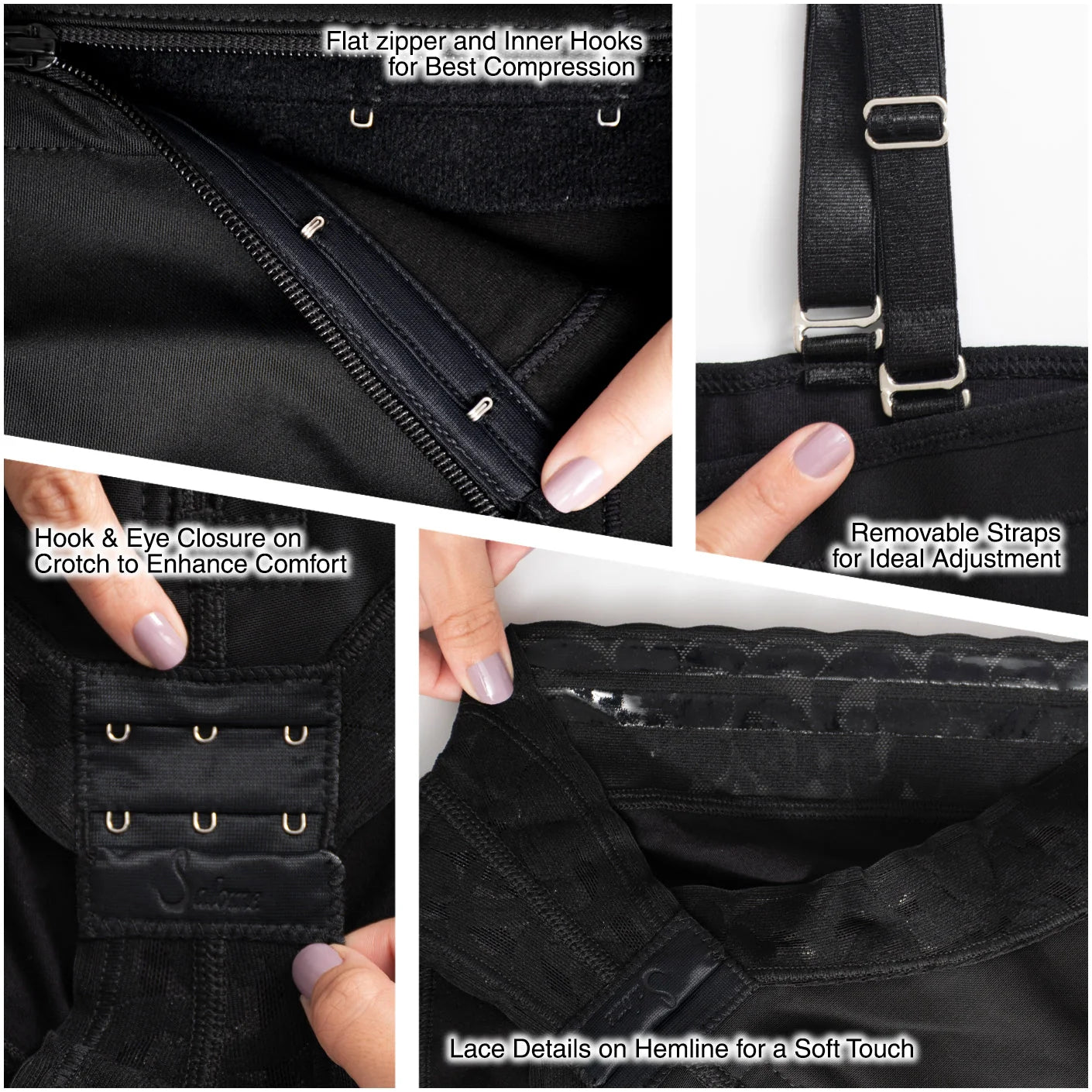 Fajas Salome 412 black Colombian shapewear detail view showing flat zipper, hook eye closure, removable straps, and lace heml