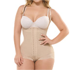 Fajas Salome 413 beige open-bust panty body shaper with hook closure and lace trim, Colombian shapewear daily faja front view