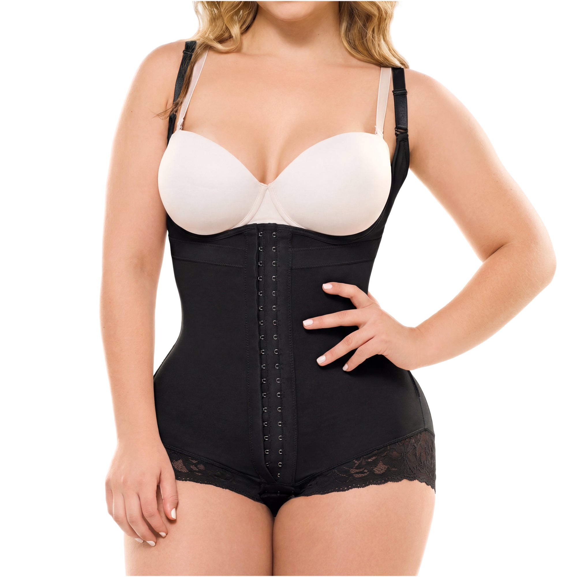 Fajas Salome 413 black open-bust body shaper with hook closure and lace trim, daily Colombian shapewear front view