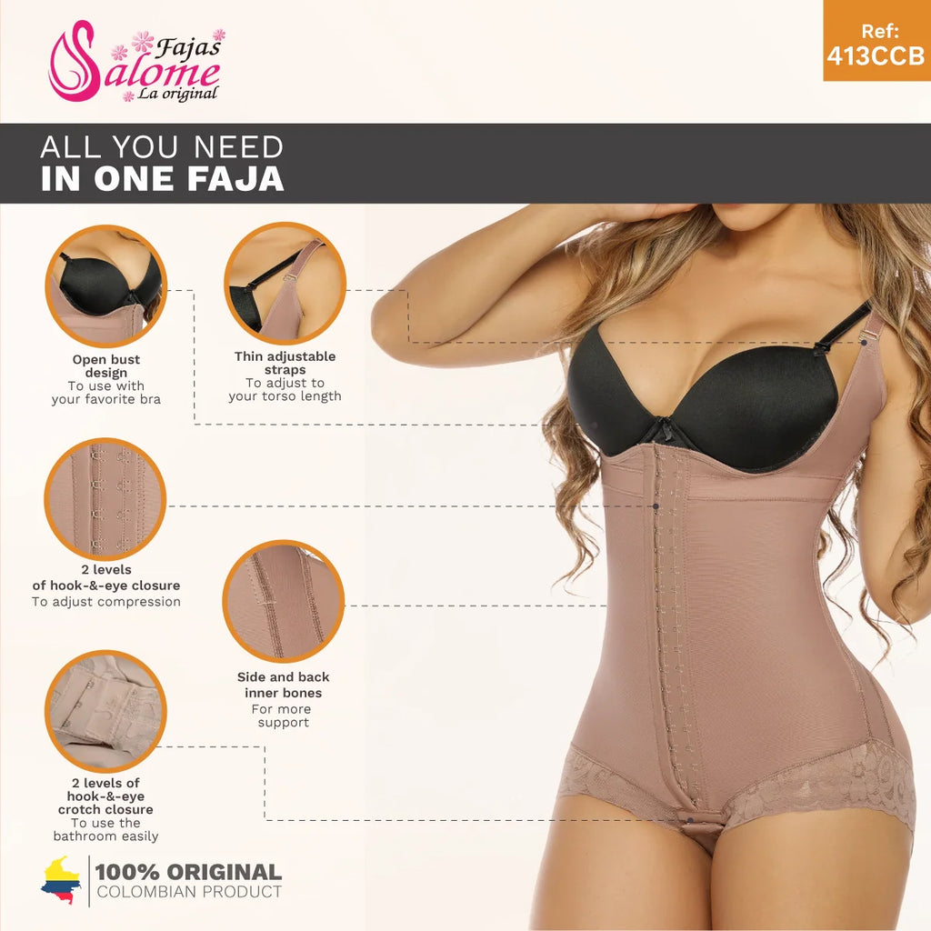 Fajas Salome 413CCB beige open-bust panty body shaper with hook closure, daily Colombian shapewear for women front view