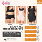 Fajas Salome 413CCB beige open-bust Colombian shapewear faja with zipper closure, before after body shaper front view
