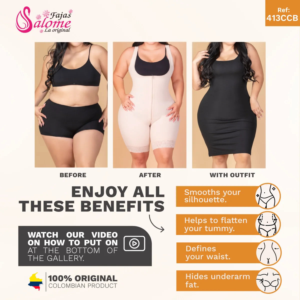 Fajas Salome 413CCB beige open-bust Colombian shapewear faja with zipper closure, before after body shaper front view