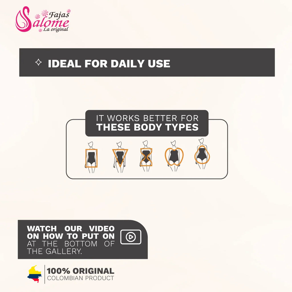 Fajas Salome 413 daily open-bust Colombian shapewear body shaper ideal for all body types infographic front view