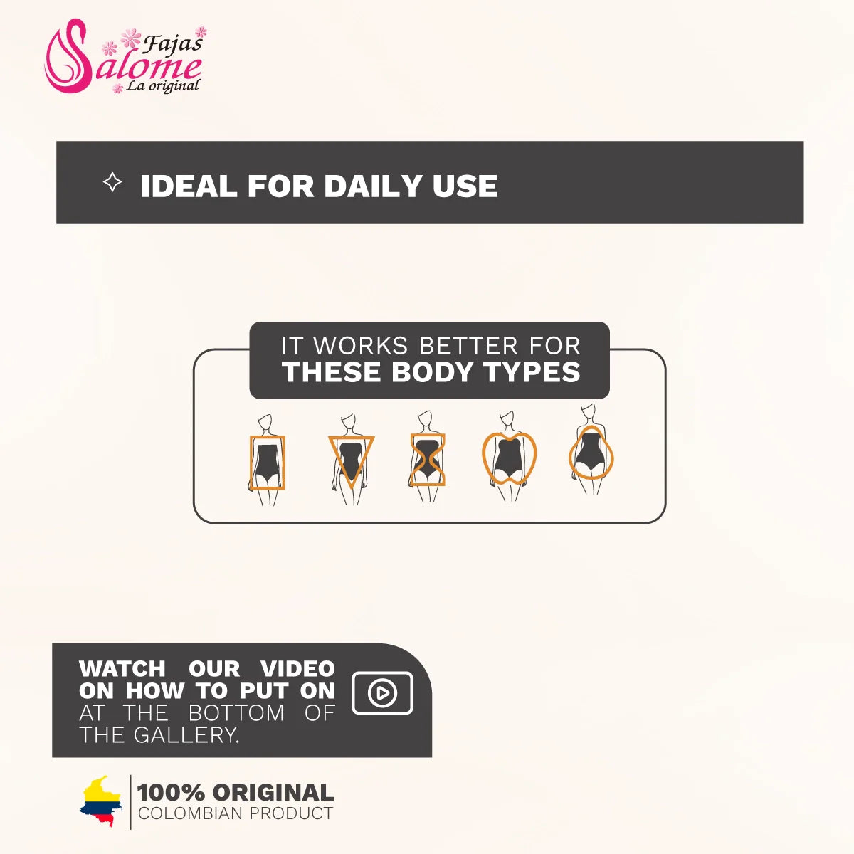 Fajas Salome 413 daily open-bust Colombian shapewear body shaper ideal for all body types infographic front view