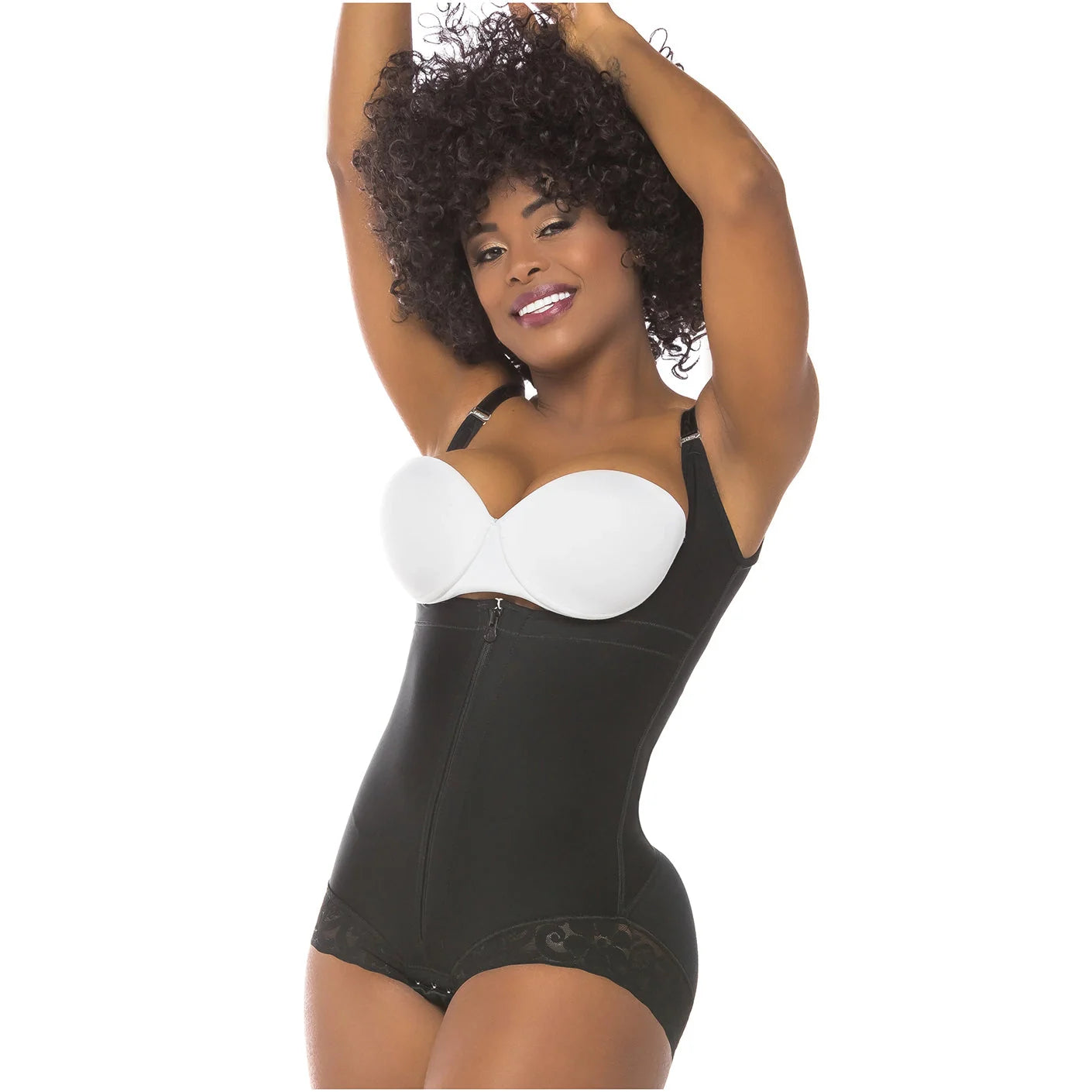 Fajas Salome 413 black open-bust panty body shaper with lace trim, daily Colombian shapewear for women front view