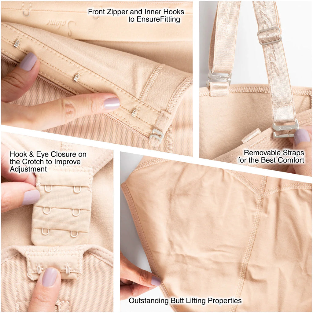 Fajas Salome 418 beige open-bust Colombian shapewear detail view showing front zipper hooks removable straps and crotch closu