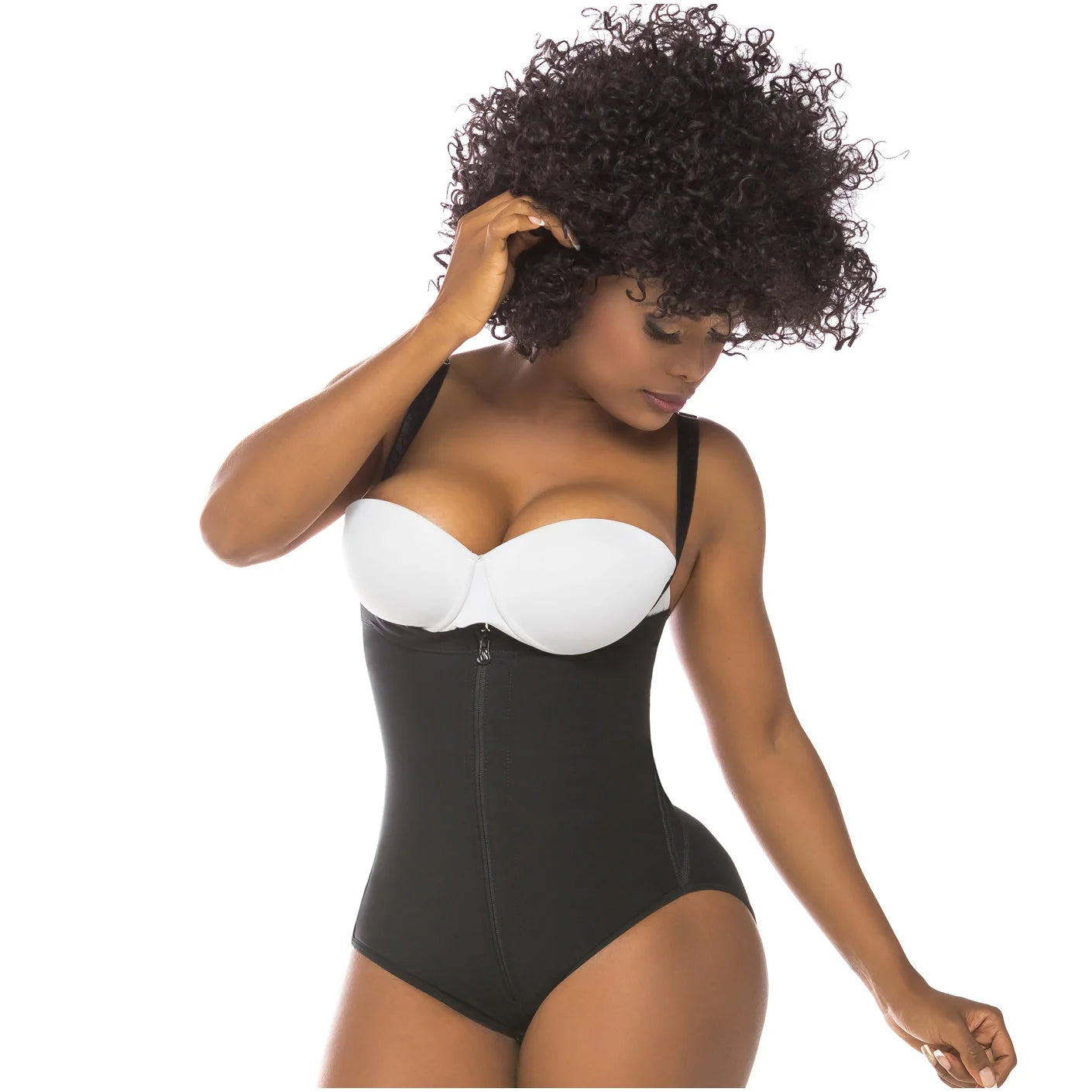Fajas Salome 418 black open-bust bodysuit with zipper closure, daily Colombian shapewear body shaper front view