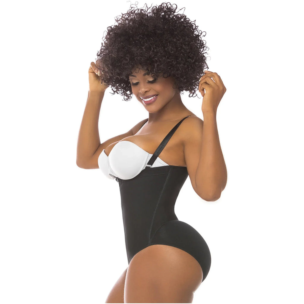 Fajas Salome 418 black open-bust panty body shaper with white bra, daily Colombian shapewear side view