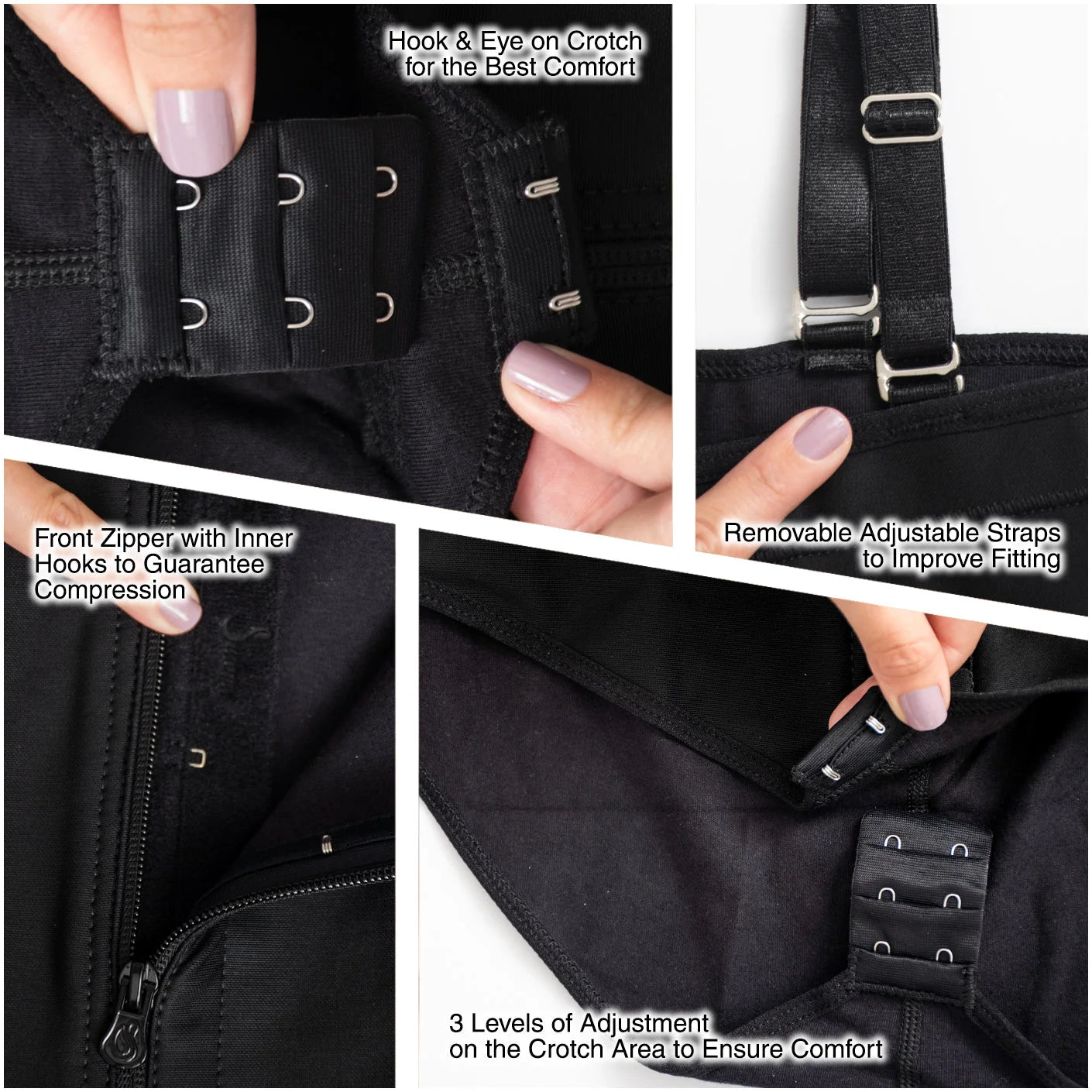 Fajas Salome 418 black Colombian shapewear detail view showing hook eye crotch zipper and adjustable straps compression faja