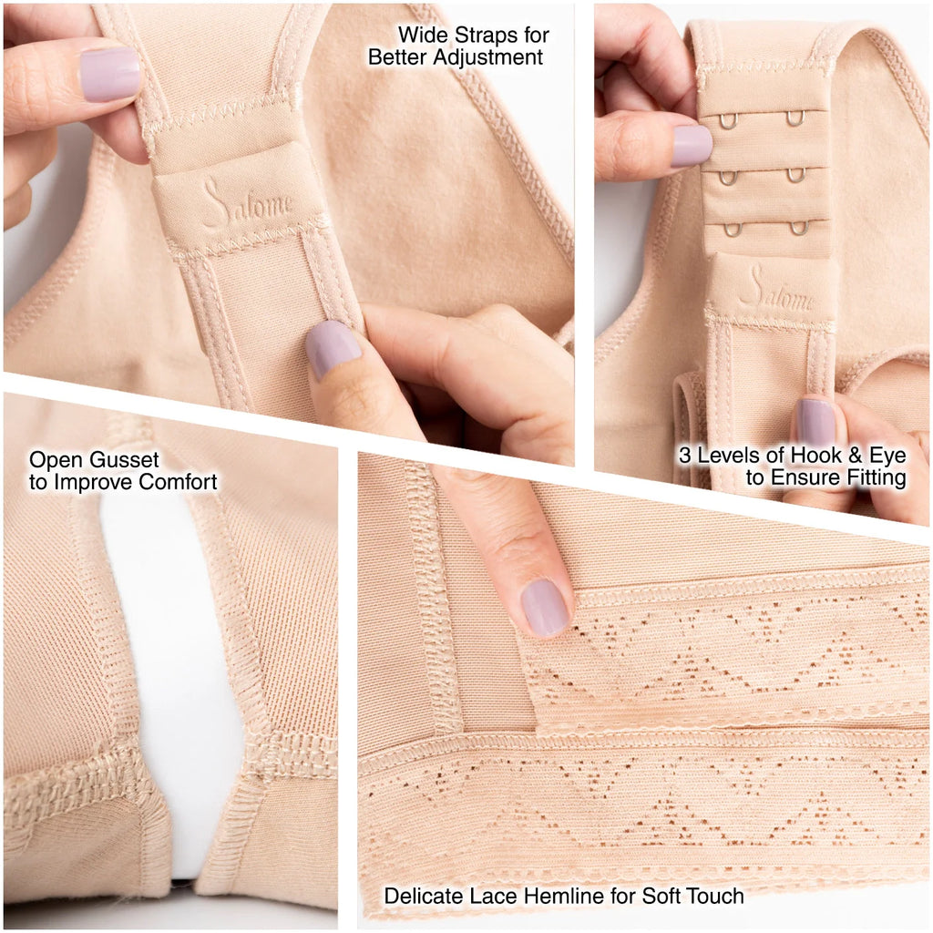 Fajas Salome 518 nude post-surgery faja detail view showing wide straps, hook eye closure, open gusset, and lace hemline Colo
