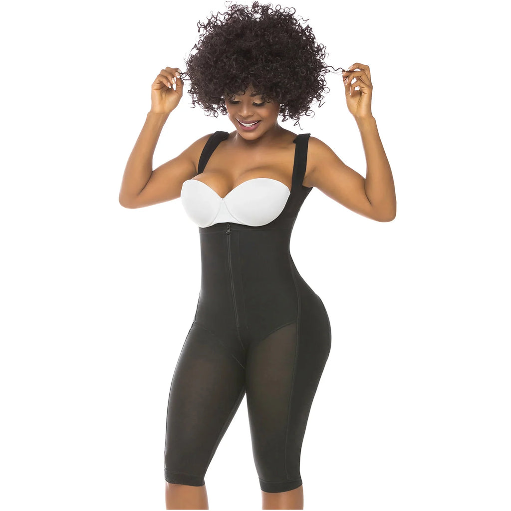 Fajas Salome 518 black full-body Colombian shapewear with zipper closure and knee-length cut, post-surgery compression garmen