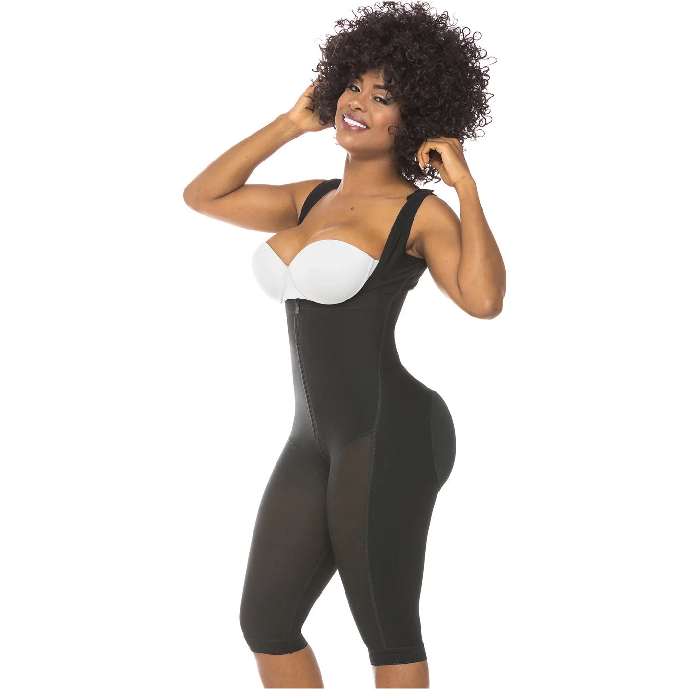 Fajas Salome 518 black full-body post-surgery faja colombiana with zipper closure and wide straps, side view Colombian shapew