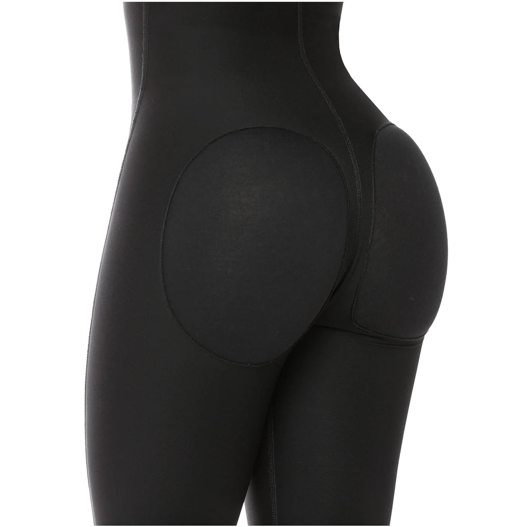 Fajas Salome 518 black full-body post-surgery faja with butt lift padding, Colombian shapewear compression garment side view