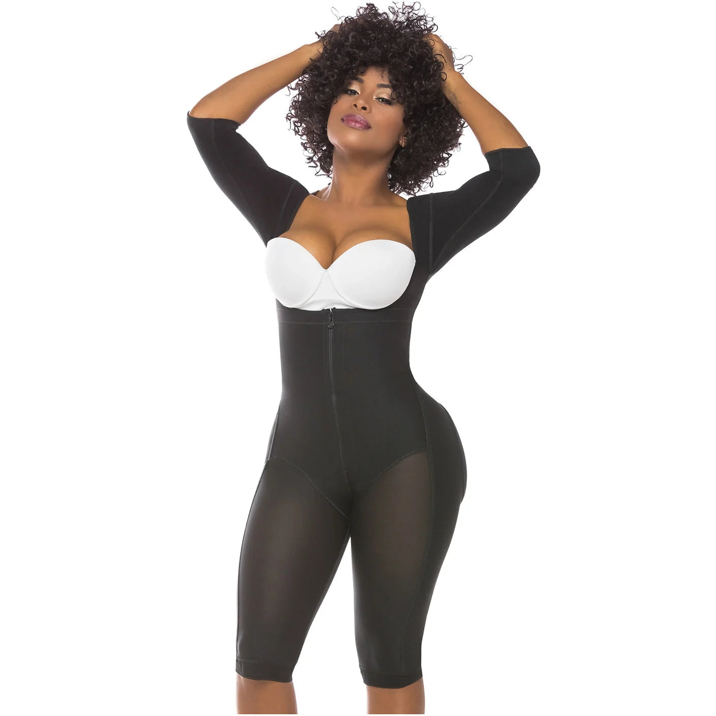 Fajas Salome 525 black full-body post-surgery faja with sleeves and zipper, Colombian shapewear compression garment front vie