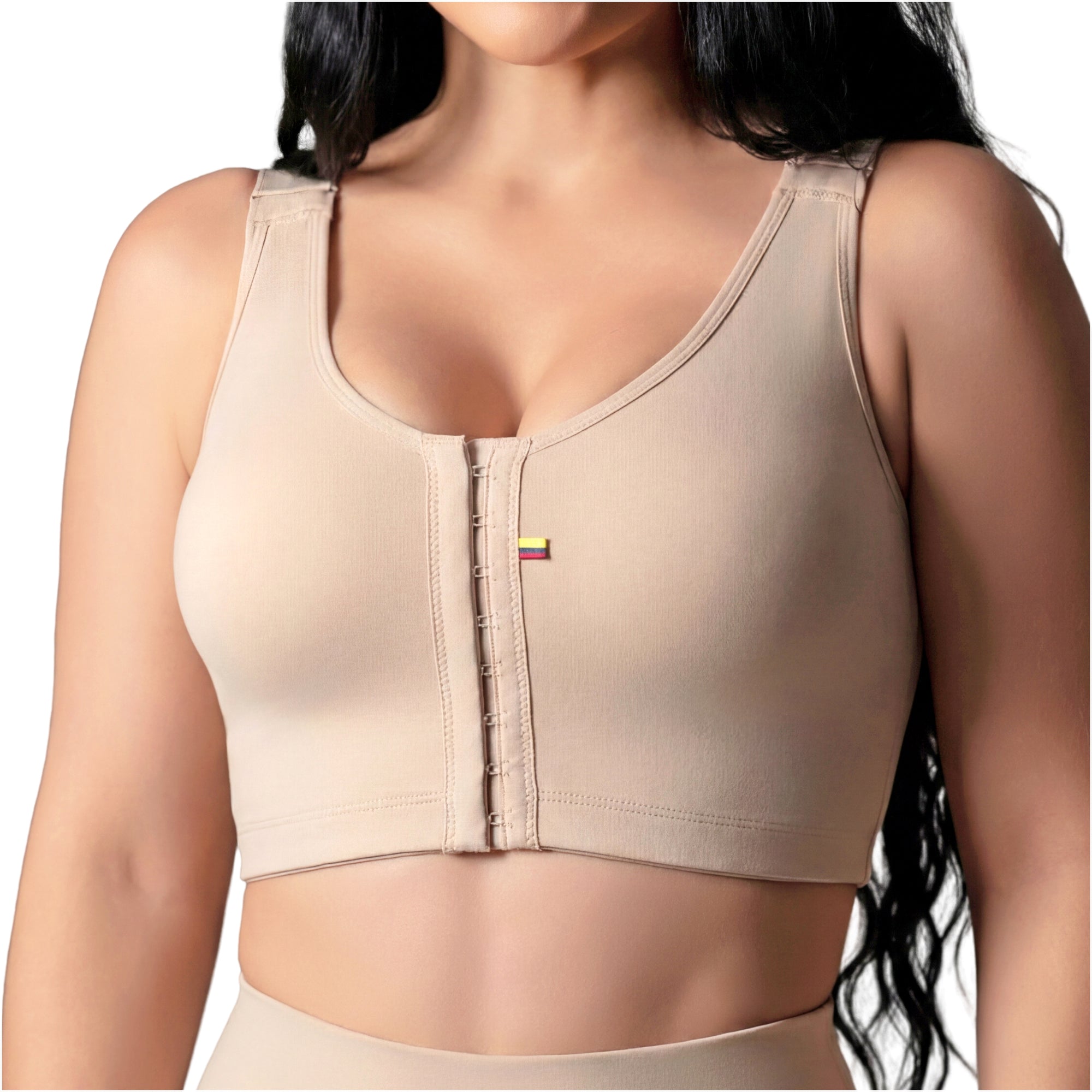 Fajas Salome 8501 beige front-closure compression bra, Colombian shapewear post-surgery support top for women front view