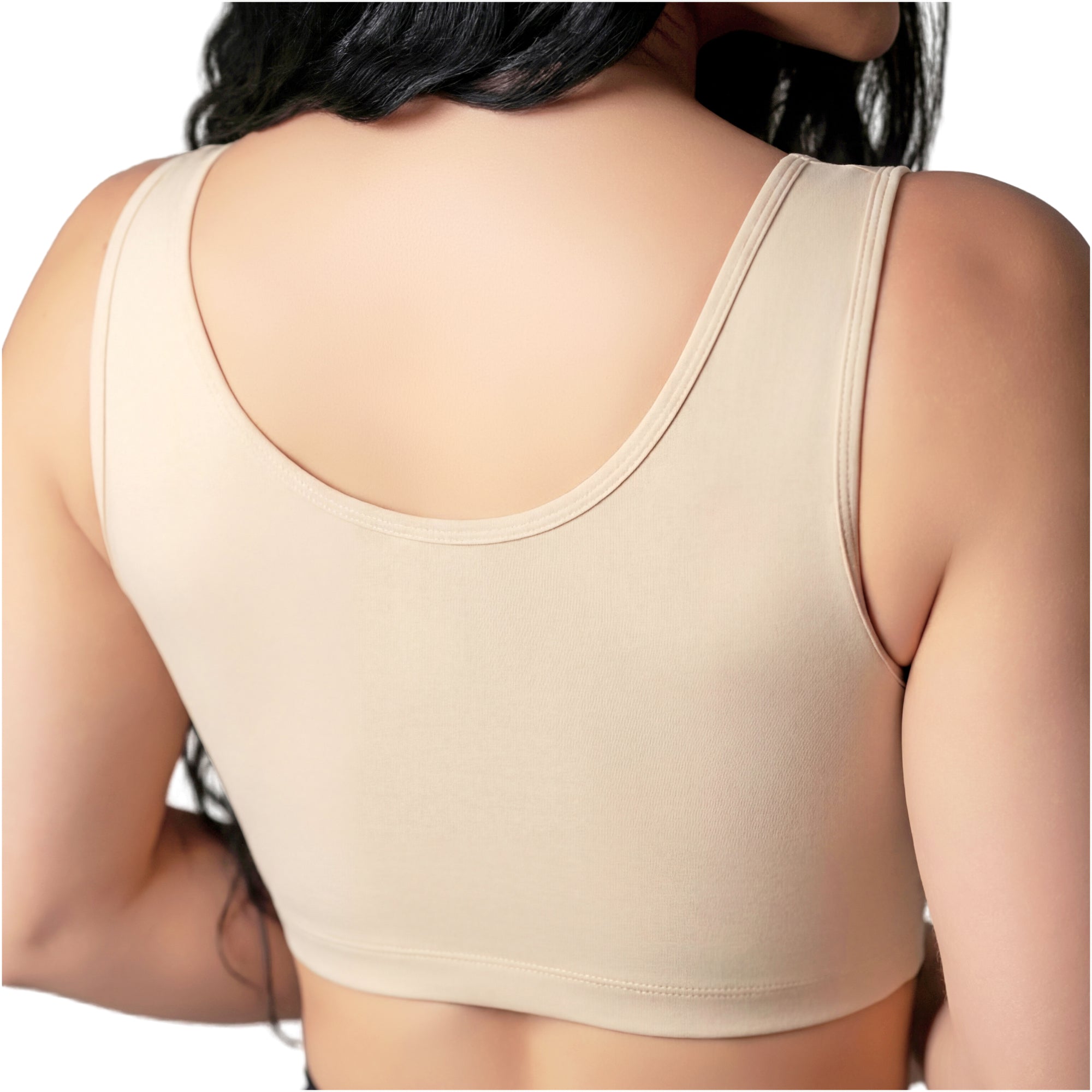 Fajas Salome 8501 beige crop top body shaper back view, Colombian shapewear wide straps bra for daily use women