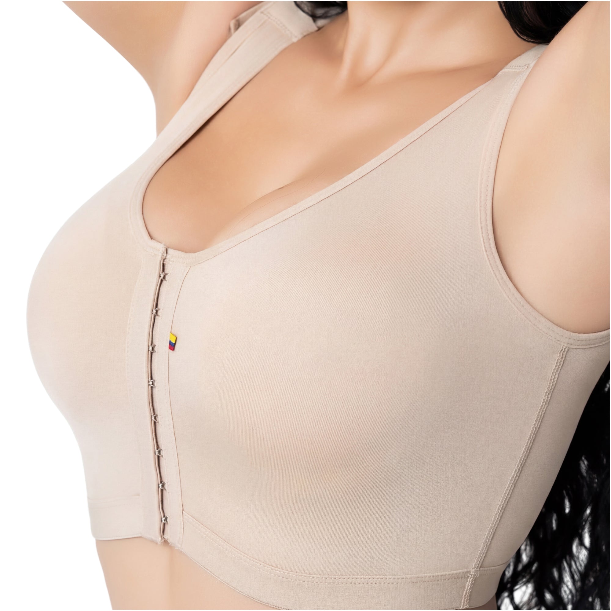 Fajas Salome 8501 beige front-closure post-surgery bra, Colombian shapewear compression top for women front view