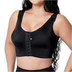 Fajas Salome 8501 black front-closure Colombian shapewear bra with wide straps, post-surgery compression garment front view