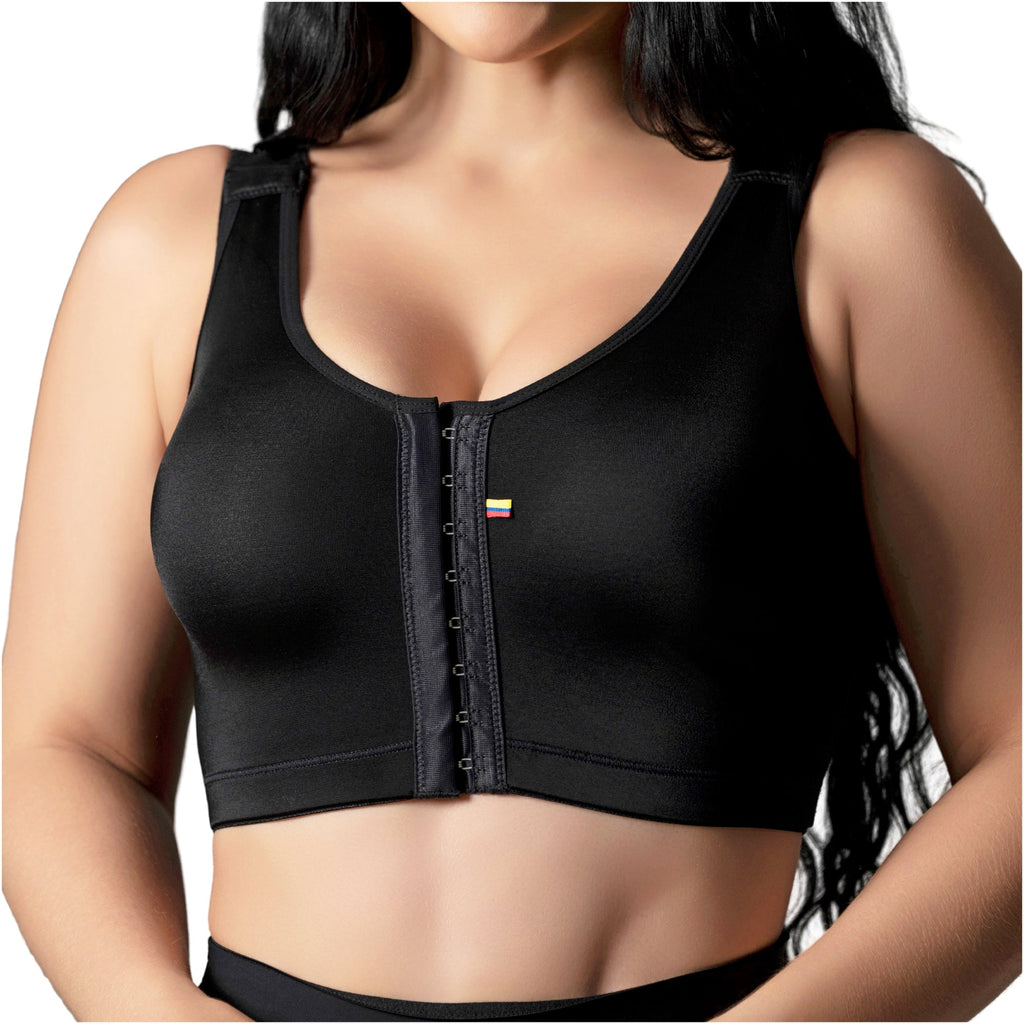 Fajas Salome 8501 black front-closure compression bra with hook fastening, Colombian shapewear post-surgery support top front