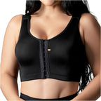 Fajas Salome 8501 black front-closure compression bra with hook fastening, Colombian shapewear post-surgery support top front
