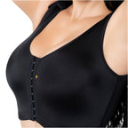 Fajas Salome 8501 black front-closure compression bra, Colombian shapewear post-surgery support top for women close-up view