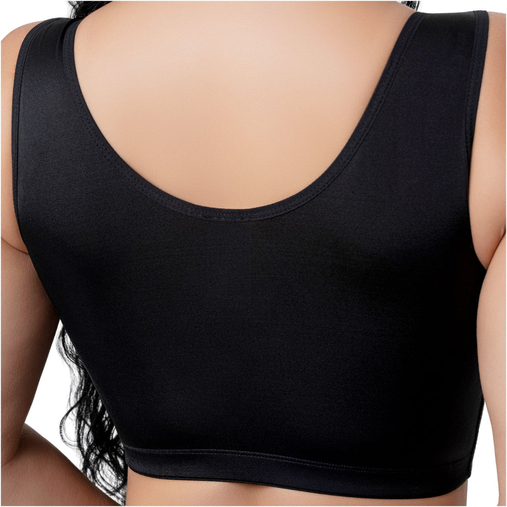 Fajas Salome 8501 black sports bra top back view, Colombian shapewear crop bra with wide straps for daily support