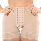 Fajas Salome SH-613B nude shaper shorts with hook closure and lace trim, Colombian shapewear compression garment front view