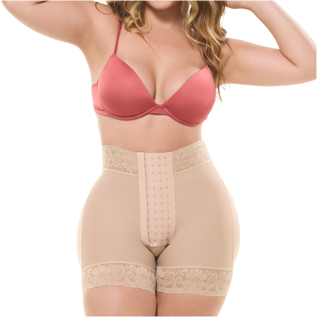 Fajas Salome SH-614B beige high-waist shaper shorts with hook closure and lace trim, Colombian shapewear front view