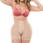 Fajas Salome SH-614B beige high-waist shaper shorts with hook closure and lace trim, Colombian shapewear front view
