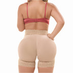 Fajas Salome SH-614_B beige shaper shorts with lace trim, Colombian shapewear butt-lifting body shaper back view