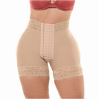 Fajas Salome SH-614B nude shaper shorts with hook closure and lace trim, Colombian shapewear body shaper front view