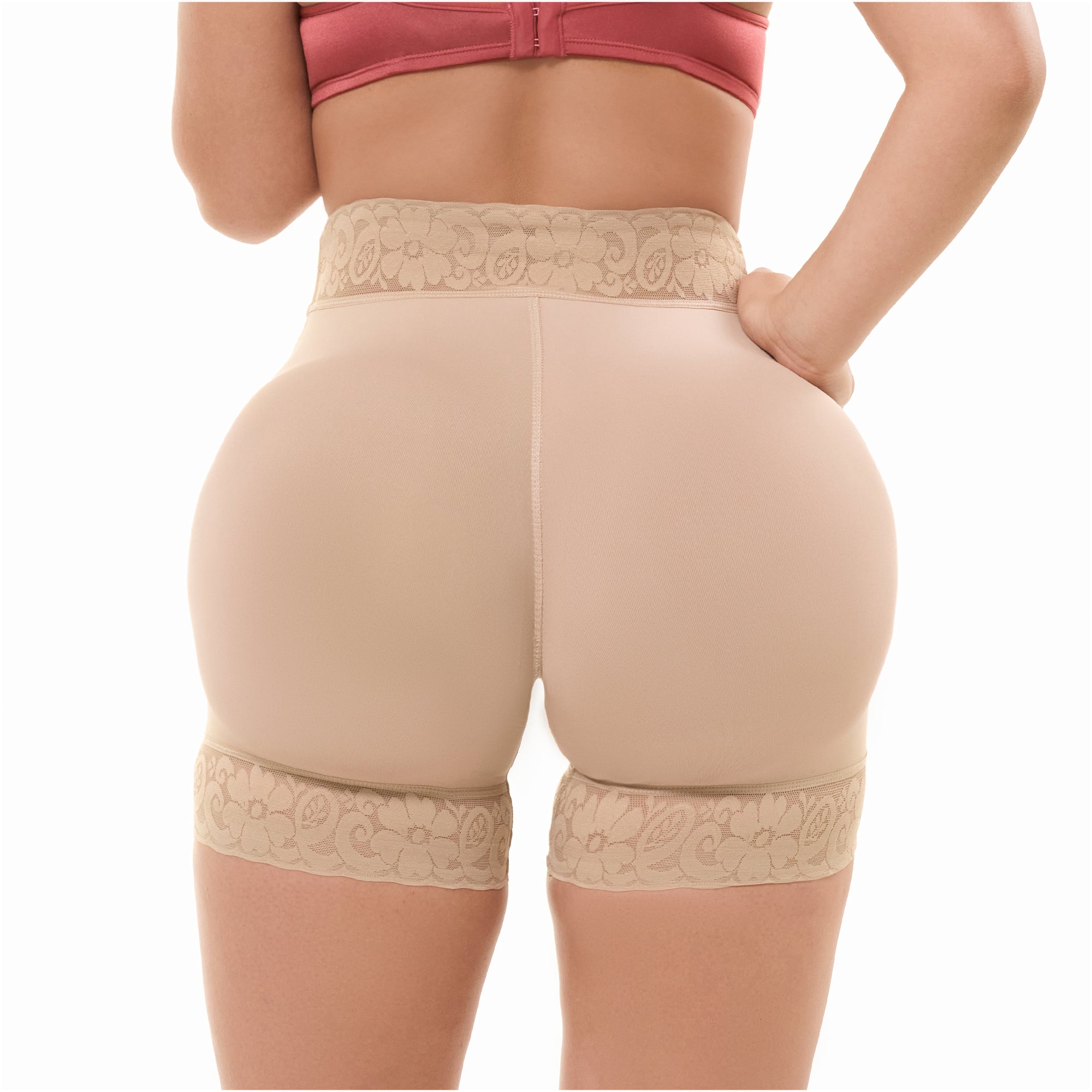 Fajas Salome SH-614B nude booty-lifting shaper shorts with lace waistband, Colombian shapewear back view for women