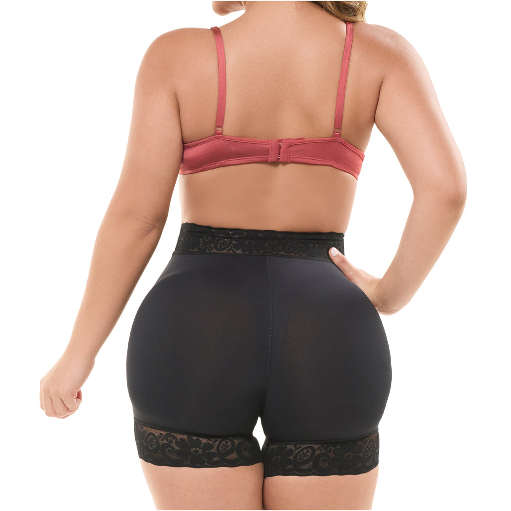 Fajas Salome SH-614B black shaper shorts with lace trim, Colombian shapewear butt-lifting body shaper back view