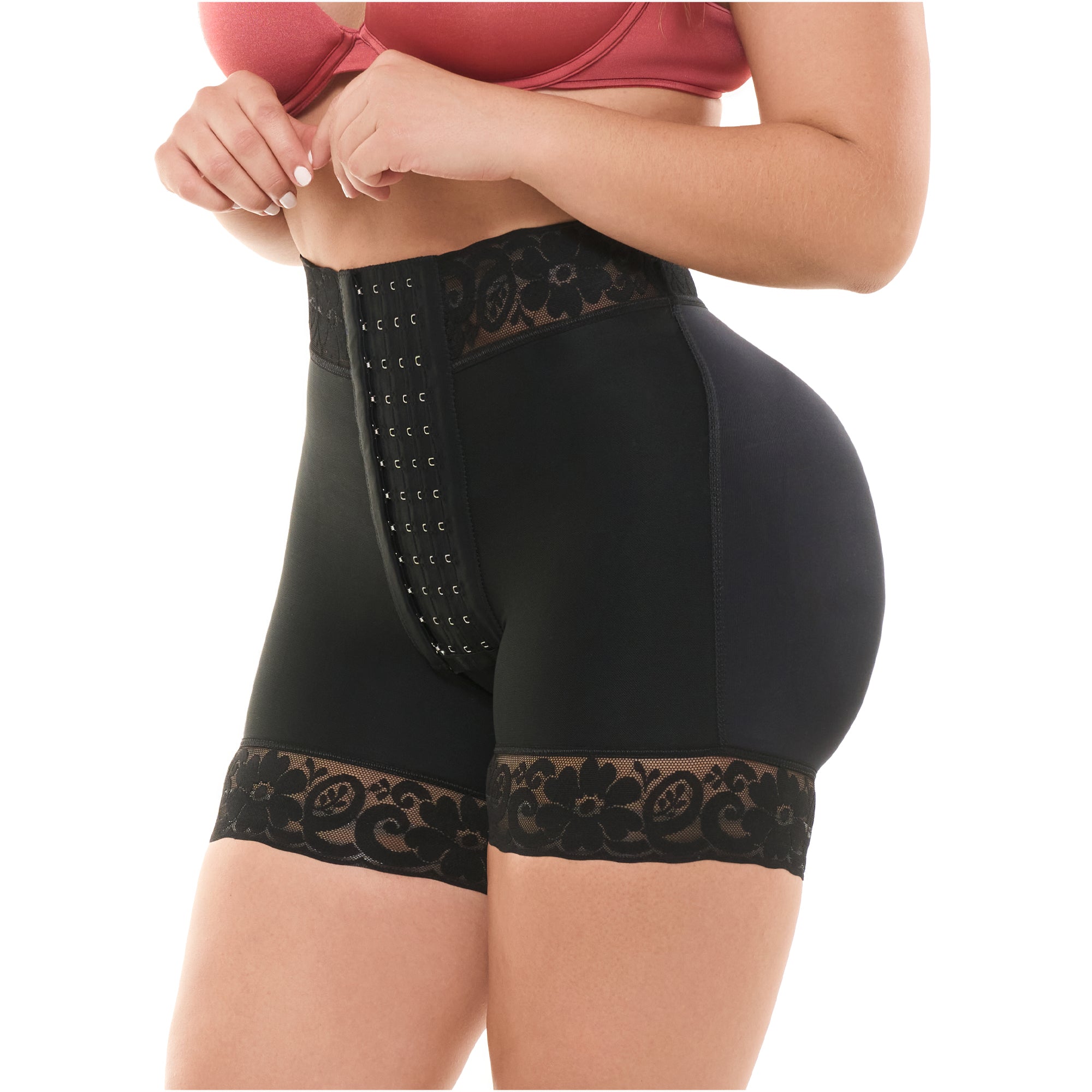 Fajas Salome SH-614B black shaper shorts with hook closure and lace trim, Colombian shapewear for daily compression side view