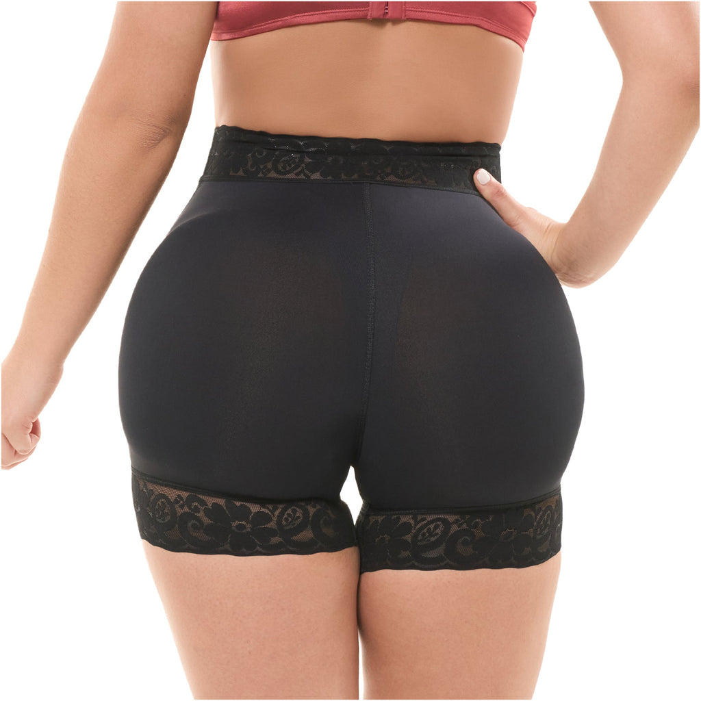 Fajas Salome SH-614B black shaper shorts with lace trim, Colombian shapewear body shaper back view for women