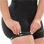 Fajas Salome SH-614B black shaper shorts with silicone hem grip and lace detail, Colombian shapewear bottom view