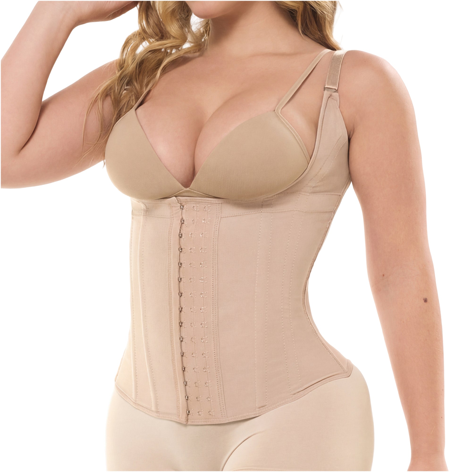 Fajas Salome 63136 beige open-bust waist cincher with hook closure, daily Colombian shapewear body shaper front view