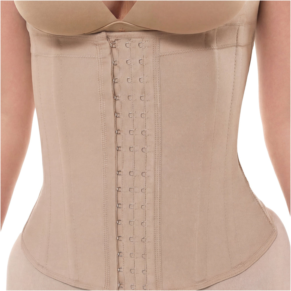 Fajas Salome 63136 beige waist cincher with hook-and-eye closure, Colombian shapewear daily body shaper front view