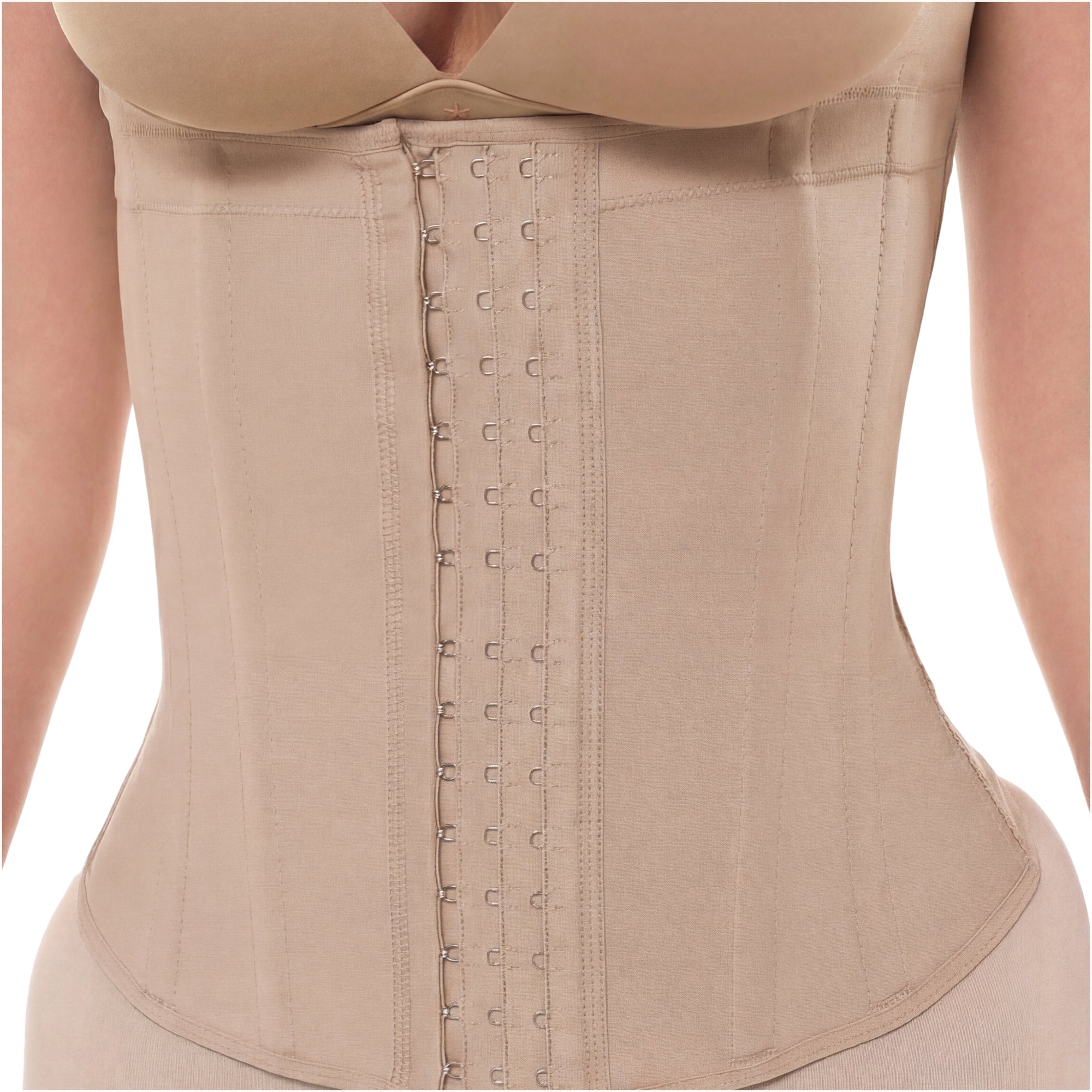 Fajas Salome 63136 beige waist cincher with hook-and-eye closure, Colombian shapewear daily body shaper front view