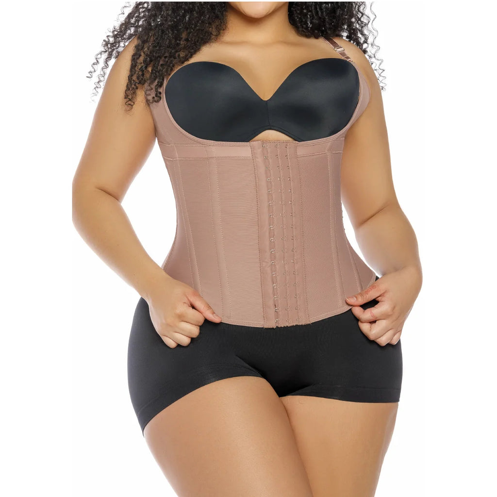 Fajas Salome 63136 beige open-bust waist cincher with hook closure, daily Colombian shapewear faja colombiana front view