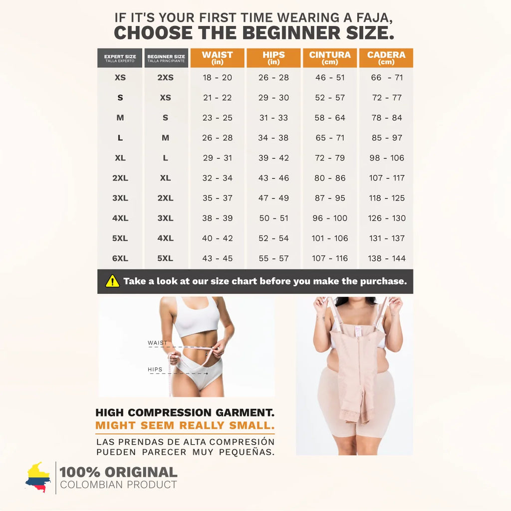 Fajas Salome size chart for Colombian shapewear faja colombiana beginner and expert sizing guide with waist and hips measurem