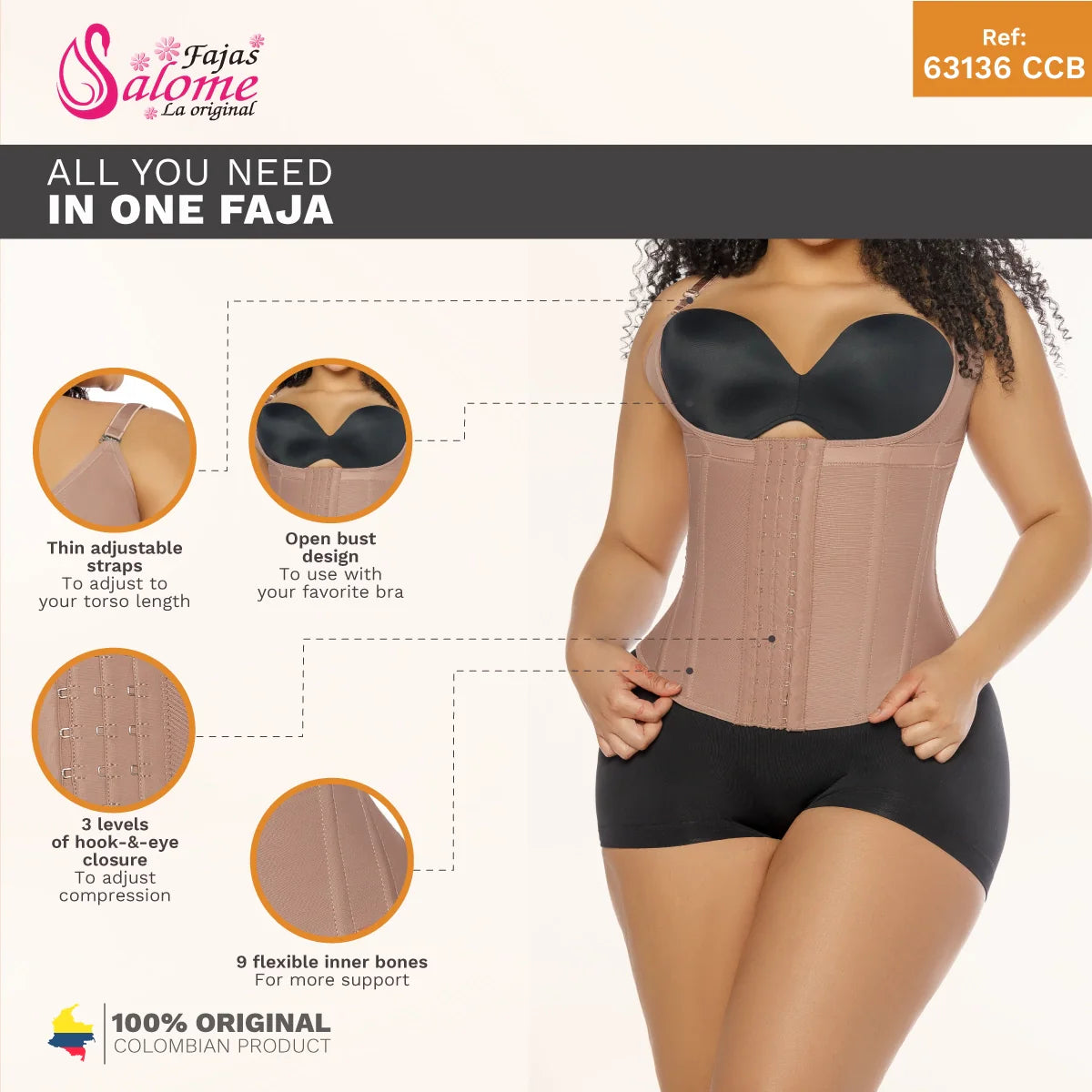 Fajas Salome 63136 beige open-bust waist cincher with hook-and-eye closure, daily Colombian shapewear body shaper front view