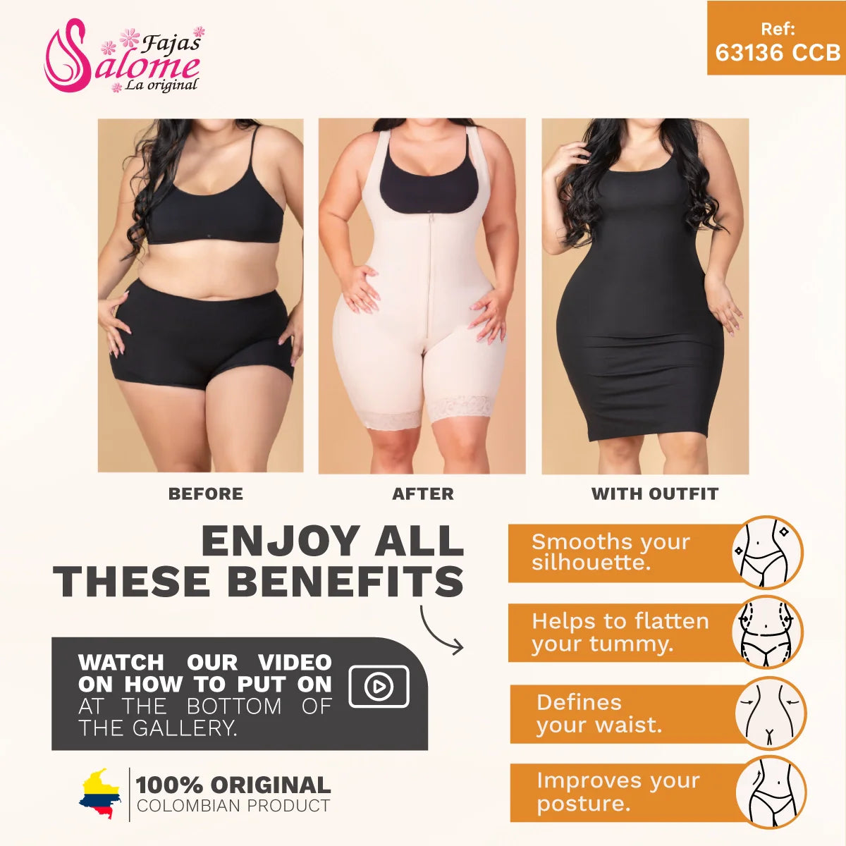 Fajas Salome 63136 CCB beige open-bust daily body shaper with zipper closure, Colombian shapewear before and after front view