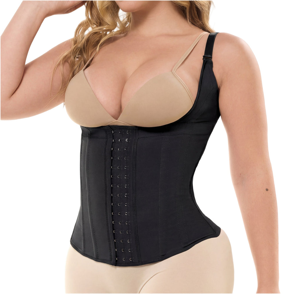 Fajas Salome black open-bust waist cincher with hook closure, daily Colombian shapewear body shaper front view