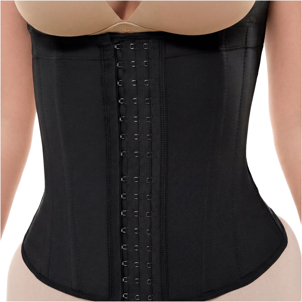Fajas Salome black waist cincher with triple hook-and-eye closure, Colombian shapewear body shaper front view
